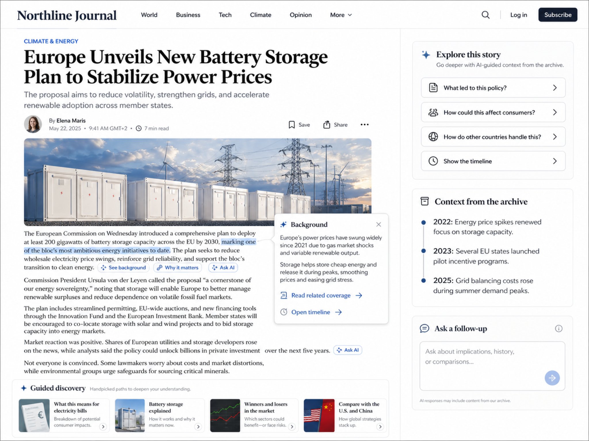 Fact Commons widgets embedded into a news article interface: Explore this story, Context from the archive, Ask a follow-up and Guided discovery.